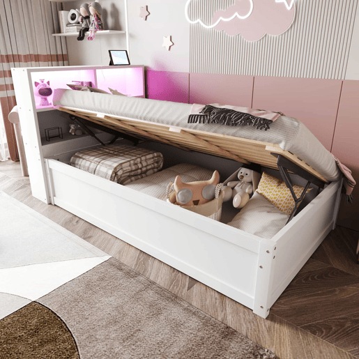 Sofá-cama 90*200 - Com várias tomadas, vários compartimentos de arrumação, faixa de luz, cama hidráulica, cama de madeira maciça, cama individual, cama multifuncional de madeira - Branco Sofá-cama 90*200 - Com várias tomadas, vários compartimentos de arrumação, faixa de luz, cama hidráulica, cama de madeira maciça, cama individual, cama multifuncional de madeira - Branco
