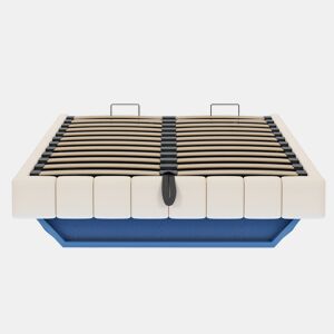 Cama estofada 160x200 cm - Estrutura flutuante hidráulica com arrumação, cama multifuncional sem cabeceira com luzes LED - Bege