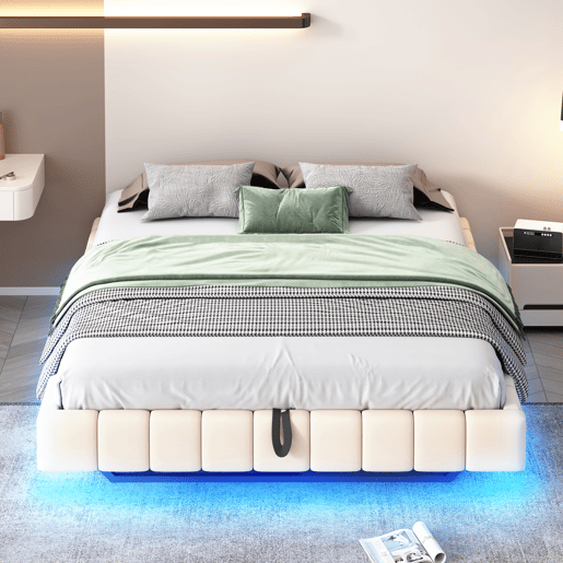 Cama estofada 160x200 cm - Estrutura flutuante hidráulica com arrumação, cama multifuncional sem cabeceira com luzes LED - Bege Cama estofada 160x200 cm - Estrutura flutuante hidráulica com arrumação, cama multifuncional sem cabeceira com luzes LED - Bege