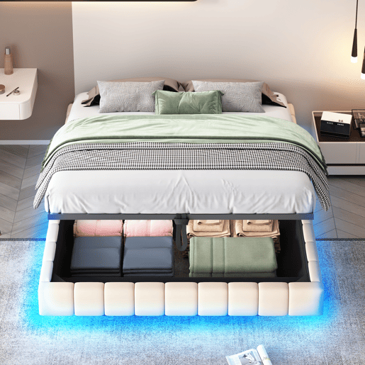 Cama estofada 160x200 cm - Estrutura flutuante hidráulica com arrumação, cama multifuncional sem cabeceira com luzes LED - Bege Cama estofada 160x200 cm - Estrutura flutuante hidráulica com arrumação, cama multifuncional sem cabeceira com luzes LED - Bege