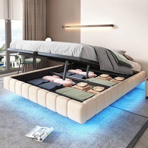 Cama estofada 160x200 cm - Estrutura flutuante hidráulica com arrumação, cama multifuncional sem cabeceira com luzes LED - Bege Cama estofada 160x200 cm - Estrutura flutuante hidráulica com arrumação, cama multifuncional sem cabeceira com luzes LED - Bege