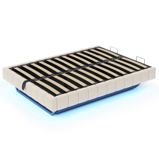 Cama estofada 160x200 cm - Estrutura flutuante hidráulica com arrumação, cama multifuncional sem cabeceira com luzes LED - Bege Cama estofada 160x200 cm - Estrutura flutuante hidráulica com arrumação, cama multifuncional sem cabeceira com luzes LED - Bege