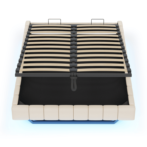 Cama estofada 160x200 cm - Estrutura flutuante hidráulica com arrumação, cama multifuncional sem cabeceira com luzes LED - Bege Cama estofada 160x200 cm - Estrutura flutuante hidráulica com arrumação, cama multifuncional sem cabeceira com luzes LED - Bege