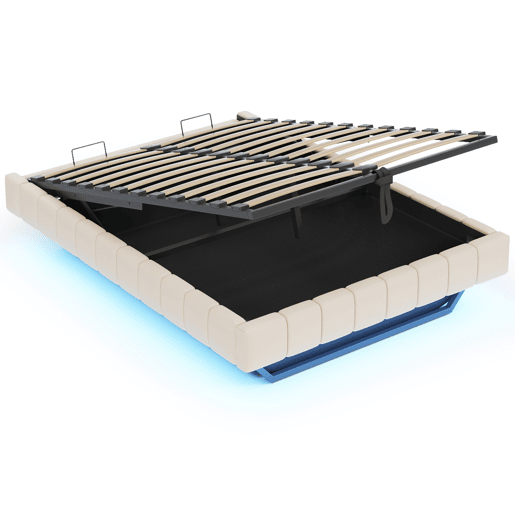 Cama estofada 160x200 cm - Estrutura flutuante hidráulica com arrumação, cama multifuncional sem cabeceira com luzes LED - Bege Cama estofada 160x200 cm - Estrutura flutuante hidráulica com arrumação, cama multifuncional sem cabeceira com luzes LED - Bege