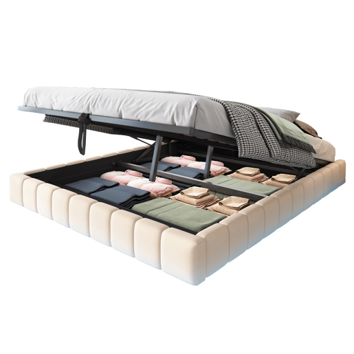 Cama estofada 160x200 cm - Estrutura flutuante hidráulica com arrumação, cama multifuncional sem cabeceira com luzes LED - Bege Cama estofada 160x200 cm - Estrutura flutuante hidráulica com arrumação, cama multifuncional sem cabeceira com luzes LED - Bege