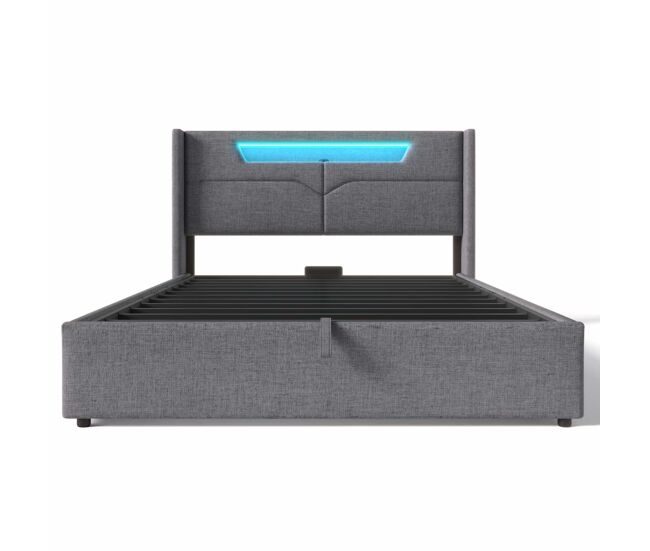 Cama contenedor 140x200cm tapizada en tela de lino - con led y puertos de carga - con somier - gris