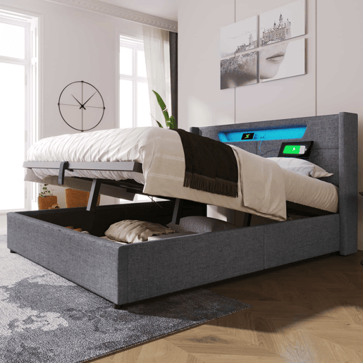 Cama contentora 140x200cm estofada em linho - com LED e portas de carregamento - com estrado de molas - Cinzento Cama contentora 140x200cm estofada em linho - com LED e portas de carregamento - com estrado de molas - Cinzento