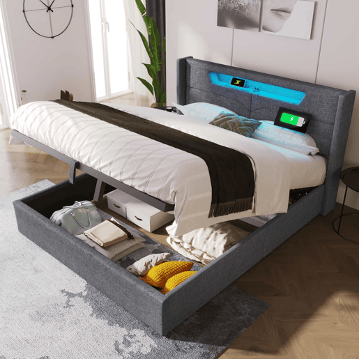 Cama contentora 140x200cm estofada em linho - com LED e portas de carregamento - com estrado de molas - Cinzento Cama contentora 140x200cm estofada em linho - com LED e portas de carregamento - com estrado de molas - Cinzento