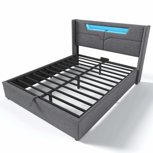 Cama contentora 140x200cm estofada em linho - com LED e portas de carregamento - com estrado de molas - Cinzento Cama contentora 140x200cm estofada em linho - com LED e portas de carregamento - com estrado de molas - Cinzento