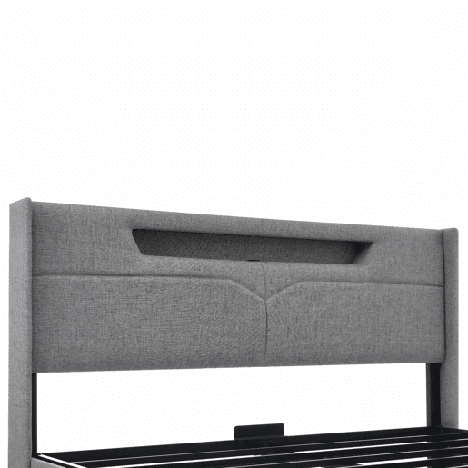 Cama contentora 140x200cm estofada em linho - com LED e portas de carregamento - com estrado de molas - Cinzento Cama contentora 140x200cm estofada em linho - com LED e portas de carregamento - com estrado de molas - Cinzento