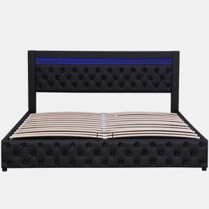 Cama contentora estofada em pele sintética com LED - 180x200 cm - com estrado - Preto
