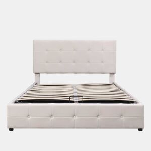 Cama estofada com arrumação - 140x200cm - tecido aveludado - cabeceira regulável com desenho de blocos - Creme
