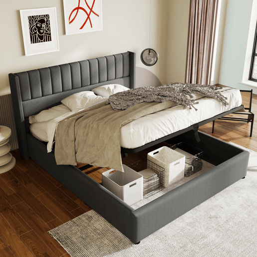 Cama de casal hidráulica 140x200 - com estrado de madeira e metal, estofada em linho - Cinza Cama de casal hidráulica 140x200 - com estrado de madeira e metal, estofada em linho - Cinza