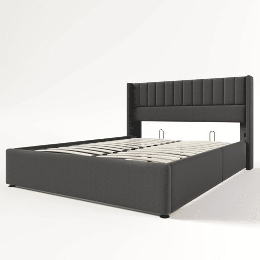 Cama de casal hidráulica 140x200 - com estrado de madeira e metal, estofada em linho - Cinza Cama de casal hidráulica 140x200 - com estrado de madeira e metal, estofada em linho - Cinza