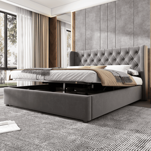 Cama de contentor estofada em veludo 140x200 cm com estrado de ripas - Cinzento Cama de contentor estofada em veludo 140x200 cm com estrado de ripas - Cinzento