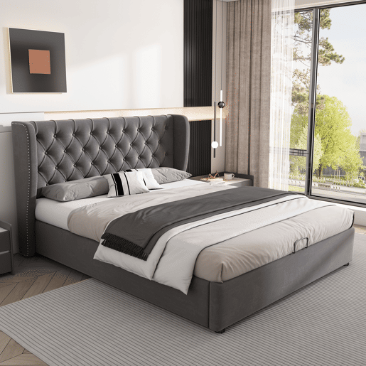 Cama de contentor estofada em veludo 140x200 cm com estrado de ripas - Cinzento Cama de contentor estofada em veludo 140x200 cm com estrado de ripas - Cinzento