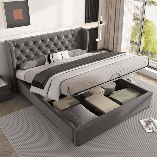 Cama de contentor estofada em veludo 140x200 cm com estrado de ripas - Cinzento Cama de contentor estofada em veludo 140x200 cm com estrado de ripas - Cinzento