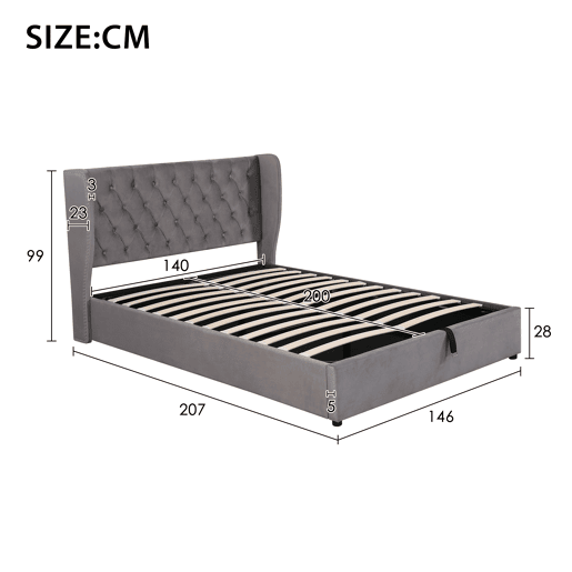 Cama de contentor estofada em veludo 140x200 cm com estrado de ripas - Cinzento Cama de contentor estofada em veludo 140x200 cm com estrado de ripas - Cinzento