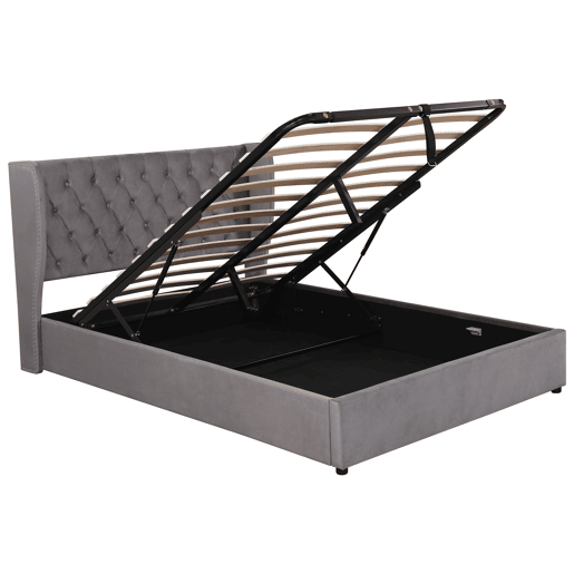 Cama de contentor estofada em veludo 140x200 cm com estrado de ripas - Cinzento Cama de contentor estofada em veludo 140x200 cm com estrado de ripas - Cinzento