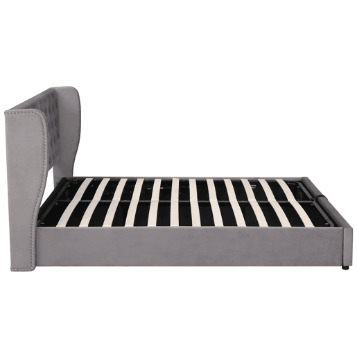 Cama de contentor estofada em veludo 140x200 cm com estrado de ripas - Cinzento Cama de contentor estofada em veludo 140x200 cm com estrado de ripas - Cinzento