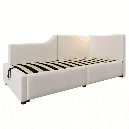Contentor-cama 90x190cm - Sofá-cama em veludo - com luz de leitura e portas de carregamento - com base de ripas - Bege Contentor-cama 90x190cm - Sofá-cama em veludo - com luz de leitura e portas de carregamento - com base de ripas - Bege