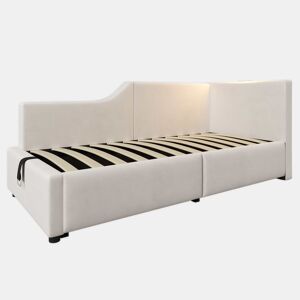 Contentor-cama 90x190cm - Sofá-cama em veludo - com luz de leitura e portas de carregamento - com base de ripas - Bege