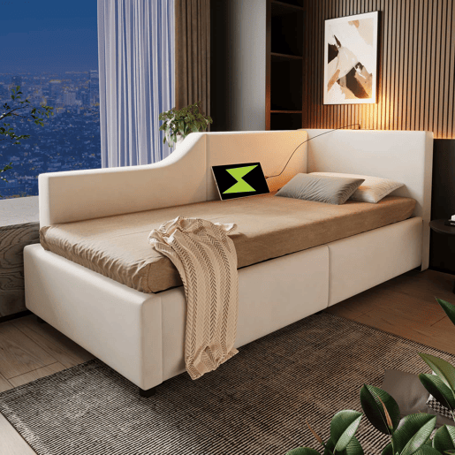 Contentor-cama 90x190cm - Sofá-cama em veludo - com luz de leitura e portas de carregamento - com base de ripas - Bege Contentor-cama 90x190cm - Sofá-cama em veludo - com luz de leitura e portas de carregamento - com base de ripas - Bege