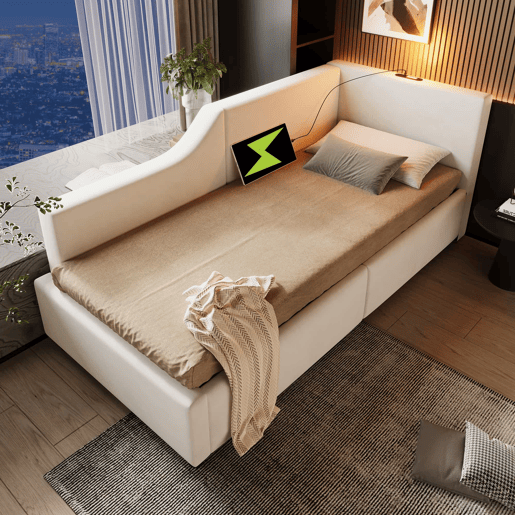 Contentor-cama 90x190cm - Sofá-cama em veludo - com luz de leitura e portas de carregamento - com base de ripas - Bege Contentor-cama 90x190cm - Sofá-cama em veludo - com luz de leitura e portas de carregamento - com base de ripas - Bege