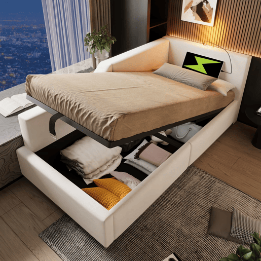 Contentor-cama 90x190cm - Sofá-cama em veludo - com luz de leitura e portas de carregamento - com base de ripas - Bege Contentor-cama 90x190cm - Sofá-cama em veludo - com luz de leitura e portas de carregamento - com base de ripas - Bege