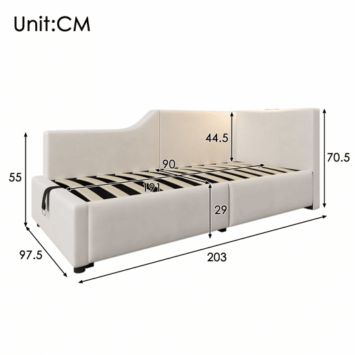 Contentor-cama 90x190cm - Sofá-cama em veludo - com luz de leitura e portas de carregamento - com base de ripas - Bege Contentor-cama 90x190cm - Sofá-cama em veludo - com luz de leitura e portas de carregamento - com base de ripas - Bege