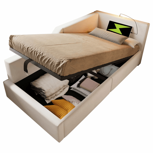 Contentor-cama 90x190cm - Sofá-cama em veludo - com luz de leitura e portas de carregamento - com base de ripas - Bege Contentor-cama 90x190cm - Sofá-cama em veludo - com luz de leitura e portas de carregamento - com base de ripas - Bege