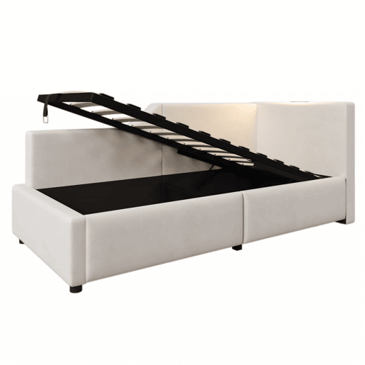 Contentor-cama 90x190cm - Sofá-cama em veludo - com luz de leitura e portas de carregamento - com base de ripas - Bege Contentor-cama 90x190cm - Sofá-cama em veludo - com luz de leitura e portas de carregamento - com base de ripas - Bege