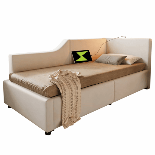 Contentor-cama 90x190cm - Sofá-cama em veludo - com luz de leitura e portas de carregamento - com base de ripas - Bege Contentor-cama 90x190cm - Sofá-cama em veludo - com luz de leitura e portas de carregamento - com base de ripas - Bege