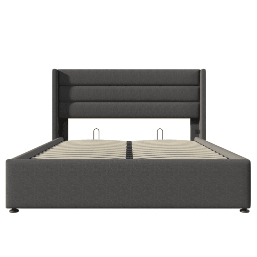 Cama de arrumação em linho com estrado de ripas - 140x200cm - Cinzento