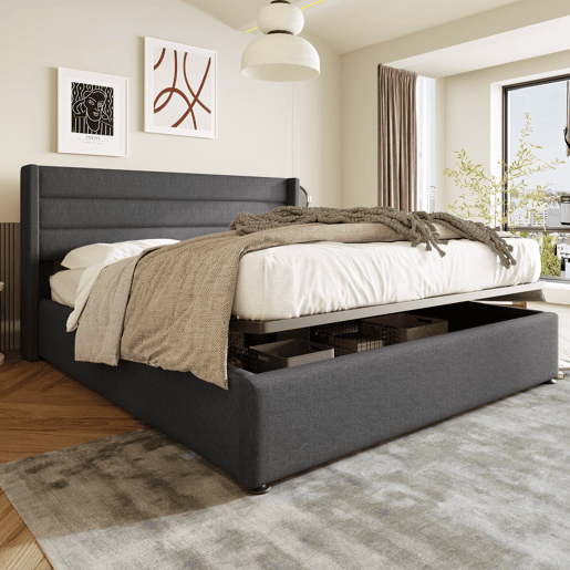 Cama de arrumação em linho com estrado de ripas - 140x200cm - Cinzento