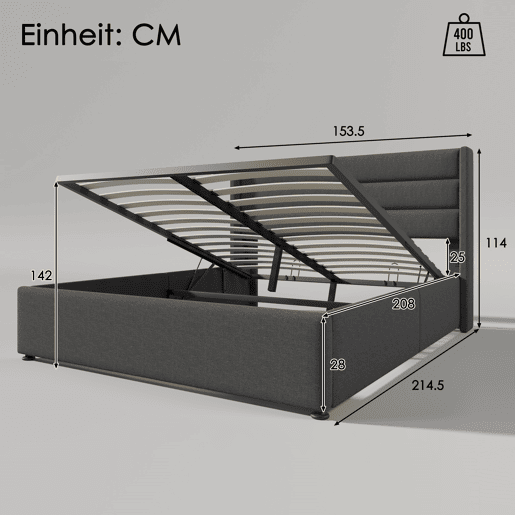 Cama de arrumação em linho com estrado de ripas - 140x200cm - Cinzento
