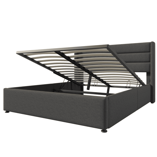 Cama de arrumação em linho com estrado de ripas - 140x200cm - Cinzento