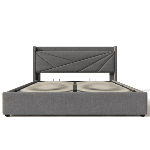 Cama contentora em tecido de linho 160x200 cm - com porta USB e estrado - Cinzento Cama contentora em tecido de linho 160x200 cm - com porta USB e estrado - Cinzento