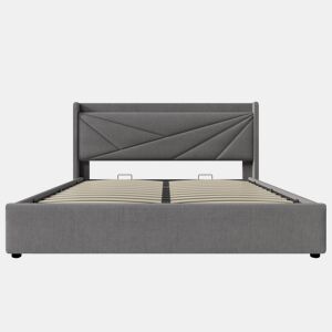 Cama contentora em tecido de linho 160x200 cm - com porta USB e estrado - Cinzento