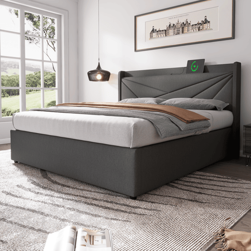 Cama contentora em tecido de linho 160x200 cm - com porta USB e estrado - Cinzento Cama contentora em tecido de linho 160x200 cm - com porta USB e estrado - Cinzento