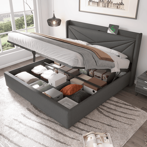 Cama contentora em tecido de linho 160x200 cm - com porta USB e estrado - Cinzento Cama contentora em tecido de linho 160x200 cm - com porta USB e estrado - Cinzento