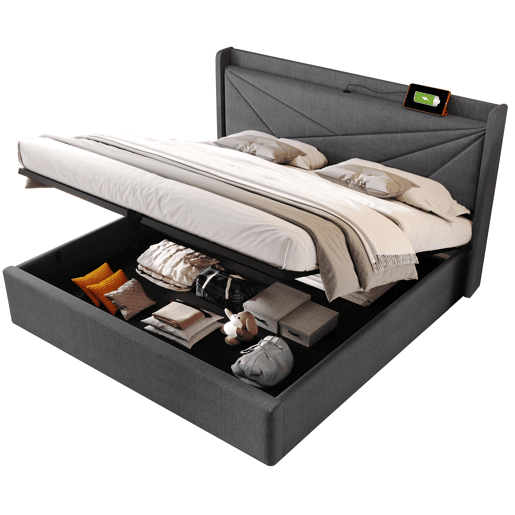 Cama contentora em tecido de linho 160x200 cm - com porta USB e estrado - Cinzento Cama contentora em tecido de linho 160x200 cm - com porta USB e estrado - Cinzento