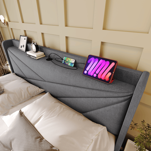Cama contentora em tecido de linho 160x200 cm - com porta USB e estrado - Cinzento Cama contentora em tecido de linho 160x200 cm - com porta USB e estrado - Cinzento
