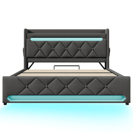 Cama de casal 140x200 - com cabeceira com arrumação, USB e porta Tipo C, luzes LED 360° e espaço hidráulico - Cinza Cama de casal 140x200 - com cabeceira com arrumação, USB e porta Tipo C, luzes LED 360° e espaço hidráulico - Cinza