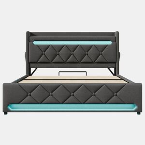 Cama de casal 140x200 - com cabeceira com arrumação, USB e porta Tipo C, luzes LED 360° e espaço hidráulico - Cinza