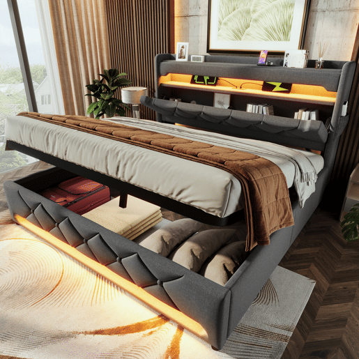 Cama de casal 140x200 - com cabeceira com arrumação, USB e porta Tipo C, luzes LED 360° e espaço hidráulico - Cinza Cama de casal 140x200 - com cabeceira com arrumação, USB e porta Tipo C, luzes LED 360° e espaço hidráulico - Cinza