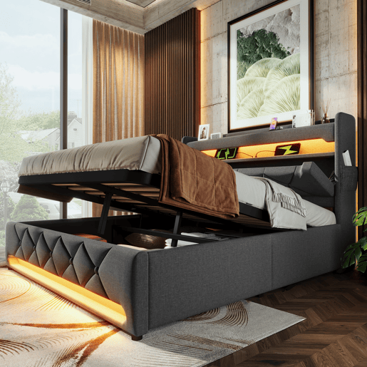 Cama de casal 140x200 - com cabeceira com arrumação, USB e porta Tipo C, luzes LED 360° e espaço hidráulico - Cinza Cama de casal 140x200 - com cabeceira com arrumação, USB e porta Tipo C, luzes LED 360° e espaço hidráulico - Cinza