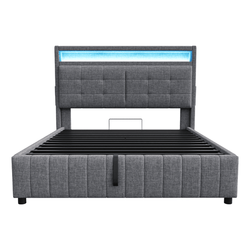 Cama contentora estofada em linho - 160x200 cm - com LED + tomada USB + estrado - Cinzento Cama contentora estofada em linho - 160x200 cm - com LED + tomada USB + estrado - Cinzento