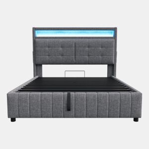 Cama contentora estofada em linho - 160x200 cm - com LED + tomada USB + estrado - Cinzento
