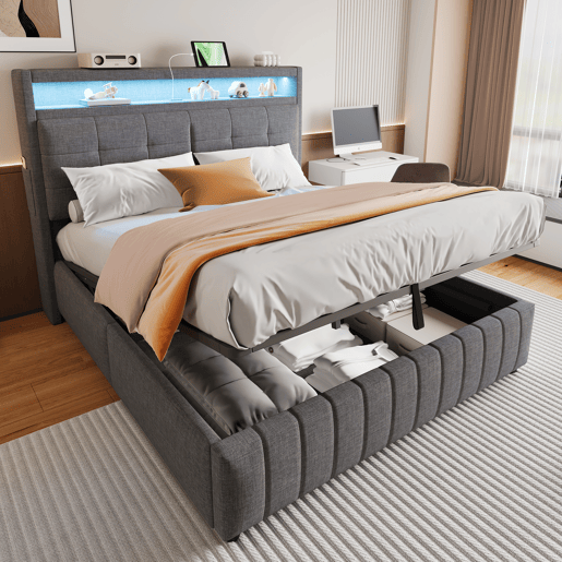 Cama contentora estofada em linho - 160x200 cm - com LED + tomada USB + estrado - Cinzento Cama contentora estofada em linho - 160x200 cm - com LED + tomada USB + estrado - Cinzento